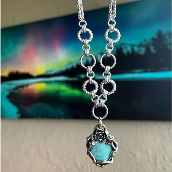 Stainless steel necklace double chain blue green turquoise stone rose charm boho - Picture 6 of 11